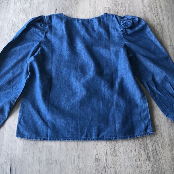 JDY evelyn long sleeve woven smock top in medium blue denim - US 2 - Picture 8 of 11